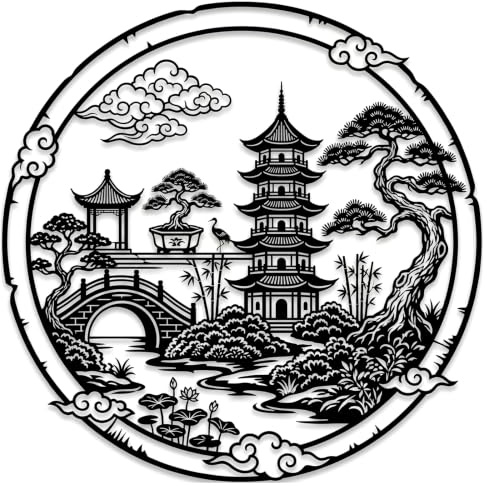 zhongko Black Metal Wall Art 11.8 * 11.8CM, Japanese Metal Wall Art | Metal Wall Art with Abstract Tree, Cloud, Pavilion, Crane, Oriental Landscape Iron Artwork for Living Room, Entrance, Bedroom
