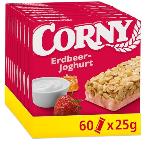 Müsliriegel Corny Erdbeer-Joghurt | Erdbeere & Joghurt | 60 x 25 g | Super Snack für Schule, Büro, Freizeit & zwischendurch| Wertvolles Getreide | Ohne Farb- & Konservierungsstoffe | Vorratspack