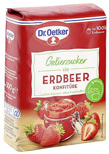 Dr. Oetker Gelierzucker für Erdbeer Konfitüre, 500 g, fertiger Gelierzucker, zum Selbermachen von Konfitüren & Gelees aus Erdbeeren, vegan