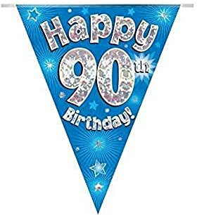 Party Bunting Happy 90th Birthday Blue Holographic 11 flags 3.9m