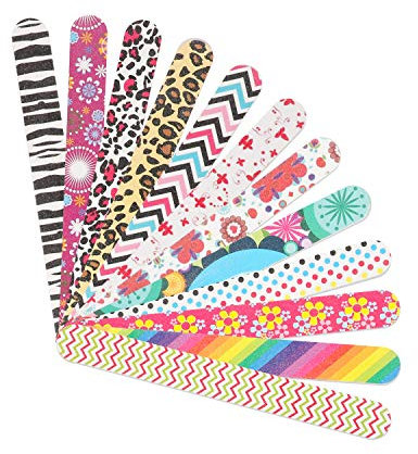 YIMICOO - 12 limas de uñas de grano 150/150, para uñas, lima de uñas profesional de doble cara y búferes para uñas acrílicas naturales, con empujador de cutículas, colorido, 7 pulgadas