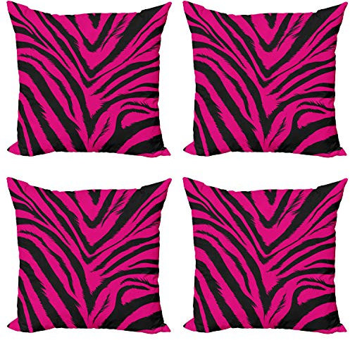 ABAKUHAUS Teen Zimmer Dekokissen Kissenbezug 4er Pack, Hot Pink Zebra-Haut, Modern Accent Doppelseitiger Digitaldruck, 60 x 60 cm, Magenta Schwarz