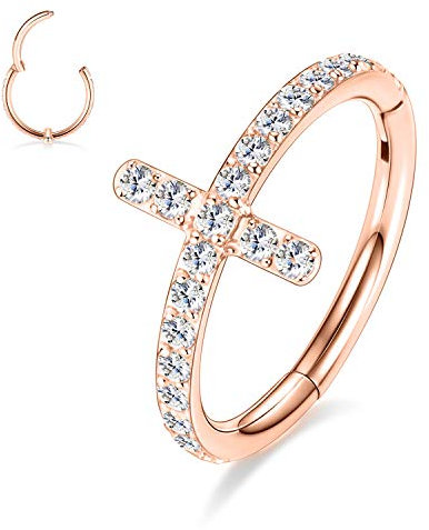 hengkaixuan 16G Nasenring Kreuz Knorpel Ohrring Creolen Chirurgischer Stahl Daith Helix Conch 10mm Ohrringe CZ Tragus Turm Ohrringe Septum Schmuck Roségold Kleiner Creolenring für Frauen Männer