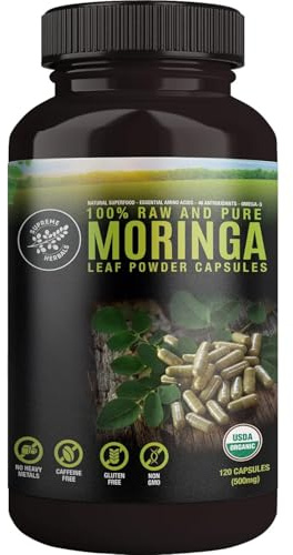 SUPREME HERBALS, 100% Raw and Pure Moringa Leaf Powder Capsules. Organic Certified Moringa Leaf. Natural Superfood with Essential Amino Acids, Antioxidants and Omega 3, 500mg, 120 Capsules.