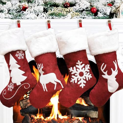 4 Stück Weihnachtsstrümpf für Kamin, Nikolausstrumpf, Weihnachtsbaum Groß Geschenktüte, Bonbontasche Stickerei Befüllen Schneeflocken Rentier, Weihnachtsdeko Amerikanisch Aufhängen Wand 46cm Rot - E