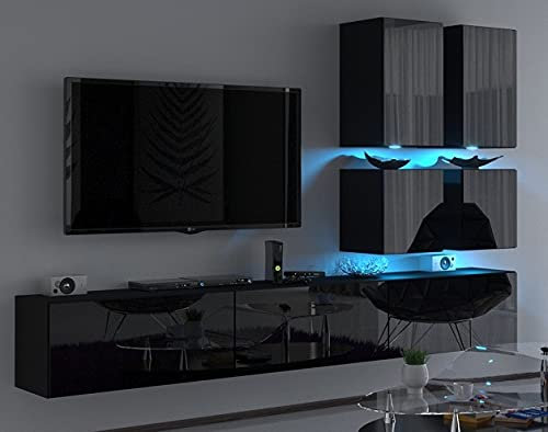 Furnitech Wohnwand Wohnzimmer | Wohnzimmer Möbel mit LED RGB - 16 Farben | Hängend Wohnwand Modern | Wohnzimmer Schrankwand mit Regale und TV Schrank (Future C76-HG-B1 1A Schwarz)