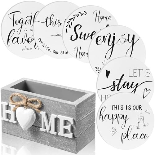 Queekay Housewarming Gifts for Home Decoration Wooden Heart Coasters for Drinks 6 Set Farmhouse Coasters with Holder Funny for Family Coffee Table Protection, 4''(White)
