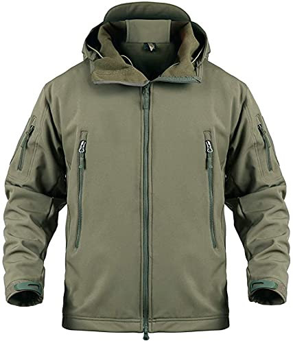 Memoryee Herren Wasserdichte Softshelljacken Fleece Futter Warme Militärische Outdoor Winddicht Übergangsjacke mit Kapuze/Green(new)/L