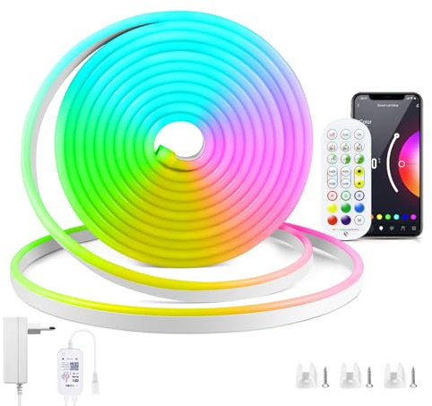 AIMENGTE WiFi Neon Led Strip, 1M 12V IP65 Waterproof Silikon LED Streifen, mit Alexa, Fernbedienung, App-Steuerung, Musik-Sync Funktioniert, Sprach Steuerung, Zeitschaltuhr für DIY, TV