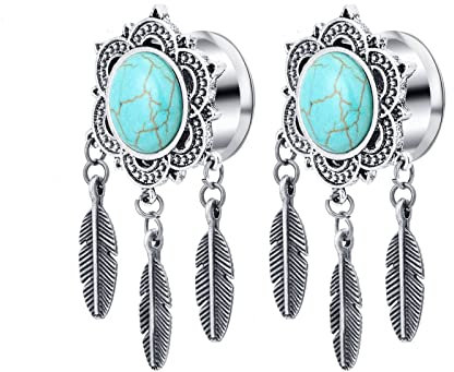 Lieson Piercing Tunnel Expander, 2 Stück Stahl Tunnel Türkis Blume Mit Blättern Mit Anhänger 10mm Flesh Tunnel Silber