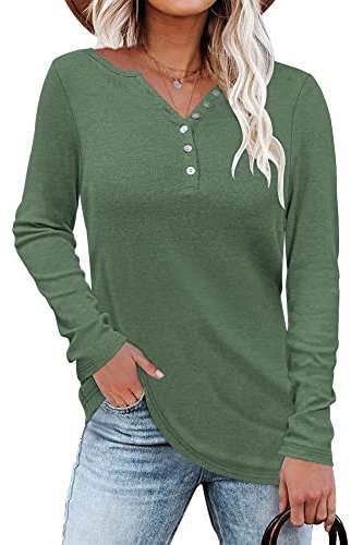 WNEEDU Women's Long Sleeve Tops V Neck Henley Shirts Button Up Pullover Lightweight Blouse