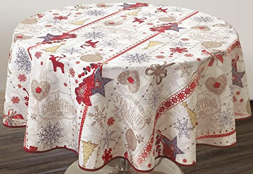 Le linge de Jules Joyeux-Noël-Ronde-diamètre-160 Fleckabweisende Rund Tischdecke, Frohe Weihnachten, 160cm Durchmesser