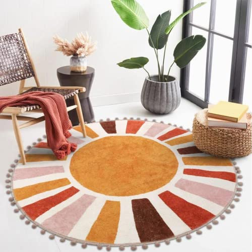 KIMODE Tapis rond rétro pour salon, chambre à coucher, salon, salle à manger - Doux - Lavable en machine - Avec pompons - 120 cm