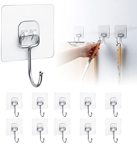 AHRITA 10 Stück Klebehaken Transparent, Selbstklebende Haken Ohne Bohren, Wandhaken Selbstklebend, Klebehaken Extra Stark für Küche Bad Wand