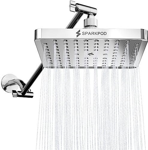 SparkPod Square Rain Shower Head with Extension Arm, Height Adjustable Shower Head with High Pressure Performance, Easy 1 Minute Installation (16 Arm Extension, Luxury Polished Chrome