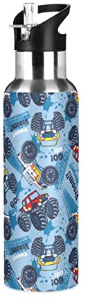 Monster Truck - Botella de agua para niñas y niños, de acero inoxidable, con pajita, aislada al vacío, a prueba de fugas, termo para deportes, 600 ml