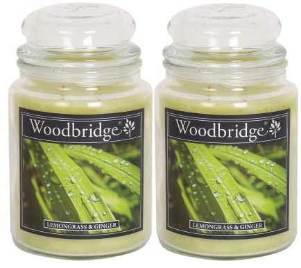 Woodbridge Große Duftkerze im Glas mit Deckel | 2er Duftkerzen Set Lemongrass & Ginger | Duftkerze Frisch | Kerzen lange Brenndauer | Raumduft für Zuhause | Kerze 2 Docht