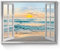 Leinwandbild mit offenem Fenster: Sonnenuntergang, Küste, Strand, Landschaft, künstliches Fensterbild, blaue Ozeanwellen, Meereslandschaft, Malerei, nautische Segelboote, Drucke, moderne natürliche