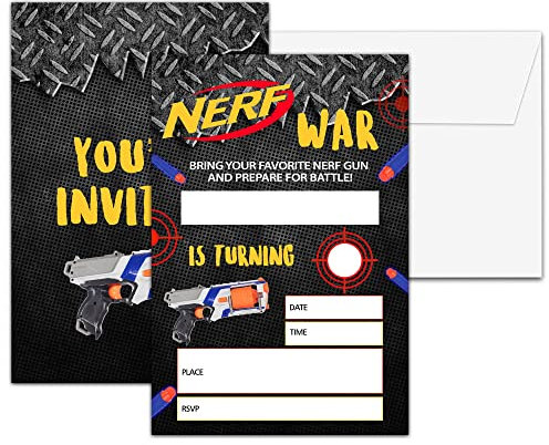 Chuxvon Dart Guns Geburtstagsparty-Einladungen, Darts Geburtstagseinladung, doppelseitige Einladungskarten zum Ausfüllen, Geburtstagsparty-Dekorationen, 20 Karten mit 20 Umschlägen (C16)