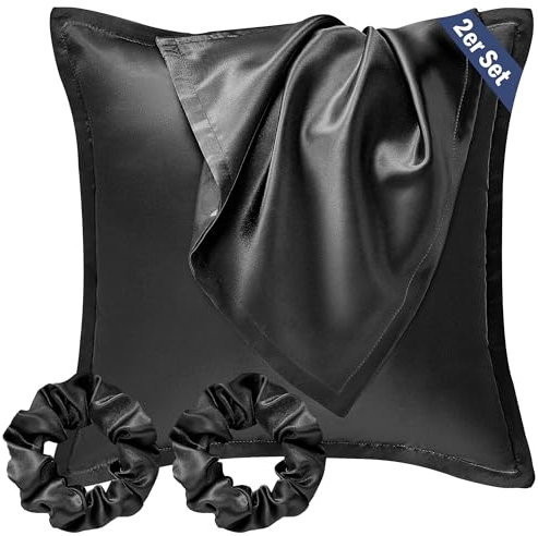 Seiwohl Satin Kissenbezug 80x80 2er Set, Weich wie Seidenkissenbezug Silk Pillowcase, Vegane Seide Kopfkissenbezug Kissenhülle Seidenkopfkissen für Haar und Haut mit Haargummis, Schwarz
