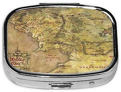 Pillendose mit Karte der Mittelerde, 2 Fächer, tragbar, Metall, Medizin-Organizer, Vitamin-Etui für Tasche oder Geldbörse, dekorative Pillendose, einzigartiges Geschenk