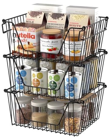 SANNO Black Stackable Wire Baskets Stacking Bins Stackable Basket for Vegetable Storage Pantry, Fridge, and Bathroom Organization,3pack