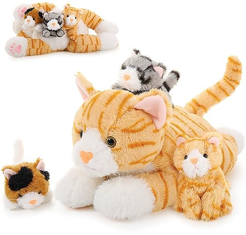 MorisMos Gelb Katze plüschtier XXL, 40cm Riesen Katze Kuscheltier mit 3 Baby im Bauch, groß PlüschKatze Stofftier Weich Spielzeug, Geburtstag Weihnachten Geschenk für Kinder