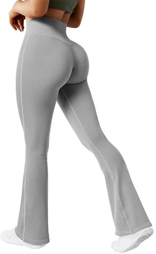 DOULAFASS Damen Yogahose Gerippte Schlaghose Yoga Pants Flared Leggings High Waisted Hose Schlag Leggings Laufhose Hellgrau S