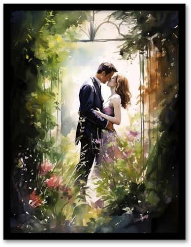 Artery8 Stolen Kiss Watercolour Painting Secret Garden Lovers Kissing Among Flowers Bedroom Art Artwork Framed Wall Art Print A4