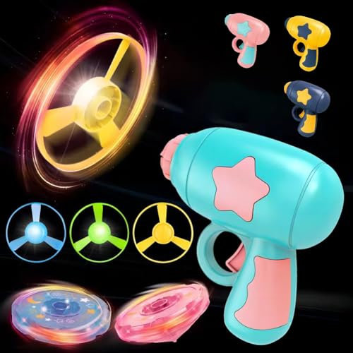 Vilbocr 3IN1Flying Disc Launcher Kids Toy Launcher with 1Flying Saucer Gun 4Cat Fetch Parachute 1Luminous propeller, 1 luminous gyroscope Outdoor Indoor Games Activities (Green Pink)