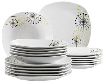 Mäser Vanesa, Tellerset für 4 Personen mit dezentem Blumendekor, 18-tlg. Geschirr Set mit flachen Tellern, tiefen Tellern und Desserttellern, Porzellan, Weiß