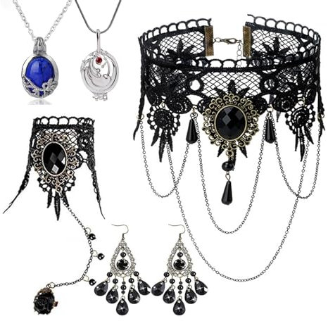 Zaky 5 Stück Vampir Charakter Halskette Gothic Retro Dunkelheit Ohrringe Schwarze Spitze Choker Armband Elena Daylight Halskette Set