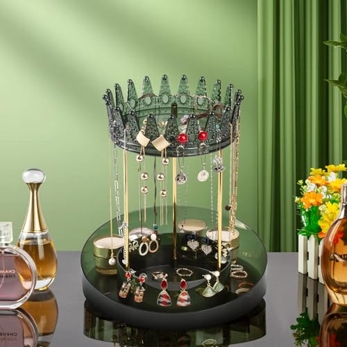 CECOLIC Um 360 ° drehbarer Schmuck-Organizer, Schmuckständer, Kronenförmiger Organizer für Halskette und Armband, Schmuckturm, Uhrenhalter für Frauen und Mädchen (Dunkelgrün)