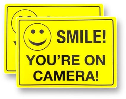 2 PACK - Small 115mm X 80mm SMILE YOUR ON CAMERA Self Adhesive Stickers - W55R Vivid Yellow/Black, Sign, Warning, Private Property, Surveillance