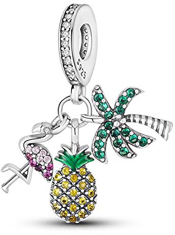 ENZEBAOFU 925 Sterling Silber Charms für Armbänder und Halsketten Lippenstift und Tasche Dangle Anhänger Turm Kamera Perlen Charms Schmuck Geschenk für Frauen Mädchen, Ananas Flamingo Kokos,