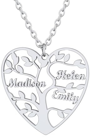 Custom4U Arbre de Vie Coeur Femme Personnalisé Prénom 1-8 Prénoms Collier Acier Inoxydable, Pendentif Arbre de Vie Gravé,Collier Arbre Généalogique à Graver avec Chaîne Réglable