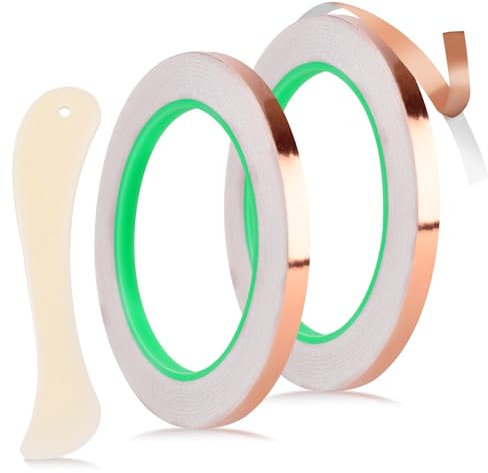 2pcs Kit Ruban Adhésif en Feuille de Cuivre pour Vitrail, 6,3mmx20m Ruban Adhésif Conducteur Double Face avec Grattoir Plastique Fournitures pour Blindage EMI Réparation Électrique