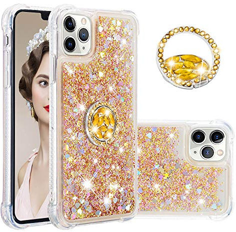 Bling Hülle mit Ring Ständer für iPhone 11 Pro Max Damen Handycase, Glitzer Flüssig Handyhülle Gegen Kratze Schutztasche Bumper Silikon Handy Hülle Quicksand Taschen kompatibel mit iPhone 11 Pro Max