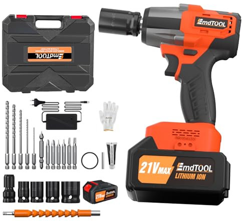 DayPlus Akku Schlagschrauber 1/2 Zoll, 450Nm Elektro Schlagschrauber mit 1 x 21V 6.0Ah Akku, Bürstenloser Drehschlagschrauber 2-Gang zum Reifenwechsel mit 4 Stecknüsse, Orange