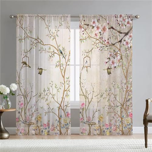 Surwin Gardinen mit Ösen, Blumenkunst 2er Set Drucken Vorhänge, Modern Transparent Vorhänge Wohnzimmer Polyester Gardinen Küche Fenster Wohnzimmer Schlafzimmer (Vogel,W132xH182cm)