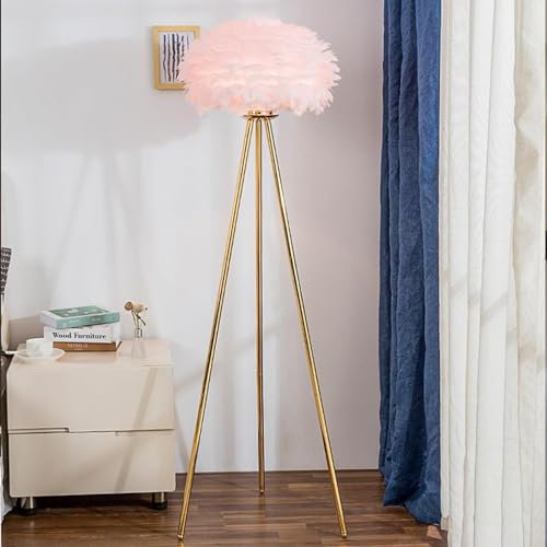 Feather Floor Lamp, Feather Lamps for Bedrooms, Tripod Floor Lamp with Pink Feather Shade, for Bedrooms/Living Room/Dining Room/Kitchen,Pink