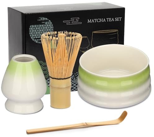 Geebuzz Matcha Whisk Set - Matcha Bowl and Bamboo Matcha Whisk, Scoop, Spoon, Sifter, Whisk Holder, 6pcs Perfect Matcha Starter Kit for Matcha Tea Ceremony (C Green/White)