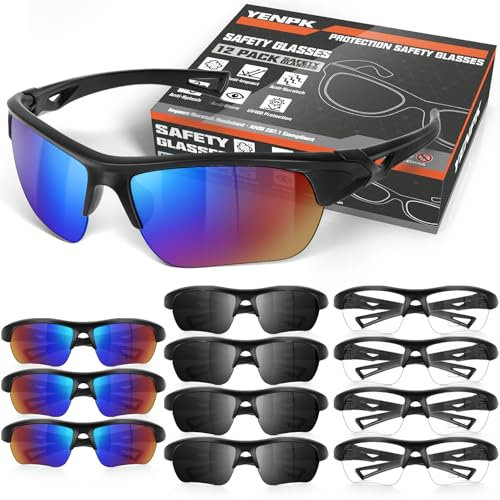 YENPK Gafas de seguridad para hombres y mujeres, ANSI Z87.1 UV400, lentes de seguridad tintadas, antiimpacto, lentes de sol antiempañamiento, protección de seguridad (paquete de 12 unidades, colorido,
