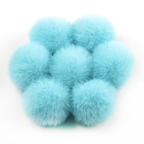 Blausky 10 Stück 5 cm Pompons zum Basteln,Bunt Groß Pompons mit Gummiband,Fake Fur Pom Pom,Fluffy Pom Poms,Bommel,für Dekorieren Nähen DIY,Mützen Tasche Anhängern Weihnachtsdekoration,Seeblau