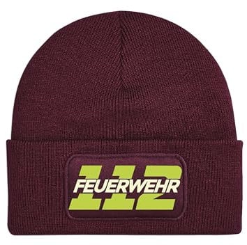 NIMAMA Mütze Beanie 112 Feuerwehr Wintermütze Statement Spruch Print Geschenk Unisex Strickmütze für Herren & Damen - Burgund