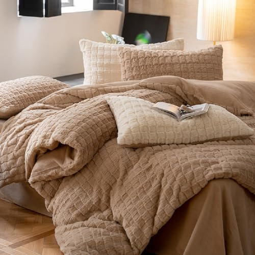 Sedefen Plüsch Bettwäsche 155x220cm Khaki Winter Warme Kunstfell Flanell Winterbettwäsche Flauschig Biber Geometrisch Bettbezug und 1 Kissenbezug 80x80cm mit Reißverschluss