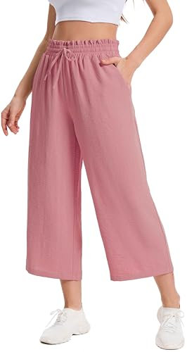 WUWUSKY Damen 3/4 Culotte Hose Leichte Sommerhose mit Taschen | Casual Lounge Hose mit Weitem Bein | Atmungsaktives Stoff Caprihose für Damen,Ziegelrot,M