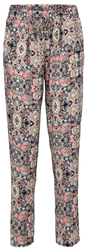 Easy Young Fashion Damen Sommerhose - Florale Freizeithose mit elastischem Bund - Lange Boho Hose - Strandhose Stoffhose aus Baumwolle 777 - (Coral-Blau-G)