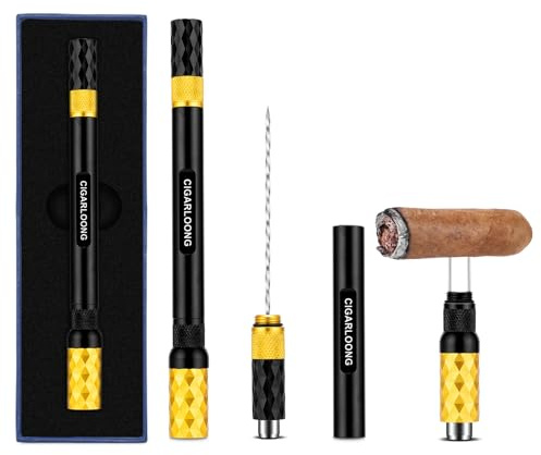 CLZOONG Zigarren Punch 4-in-1 Zigarrenstanzer Draw Enhancer Tool mit Dual-Size Zigarrenpunsch Drill Zigarrenschneider Edelstahl Twin Nubber für Blockage Zigarre Zubehör (Schwarz Gold)