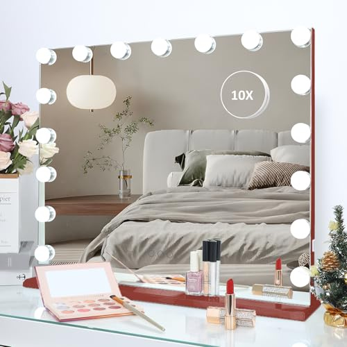 HOMPEN Großer Hollywood Schminkspiegel mit Lichtern, beleuchteter Makeup Spiegel mit 17 Dimmer-Glühbirnen, Tischständer oder Wandmontage, großer Kosmetikspiegel mit 3 farbigen Lichtern, Rot, 60*50cm
